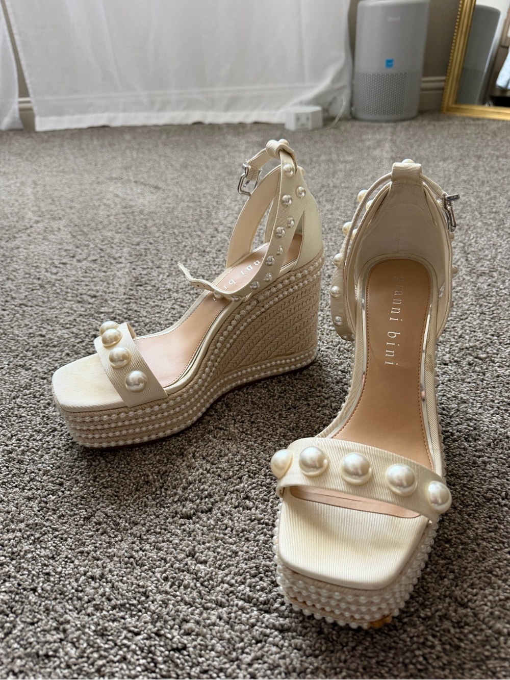 Gianni Bini Ivory Pearl-Embellished Platform Wedge Sandals - Picture 1 of 5
